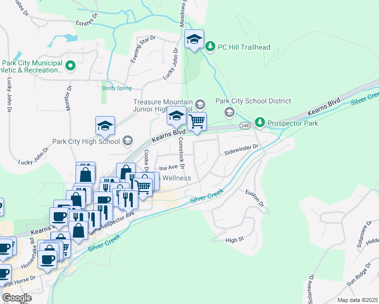 map of restaurants, bars, coffee shops, grocery stores, and more near 2340 Little Bessie Avenue in Park City