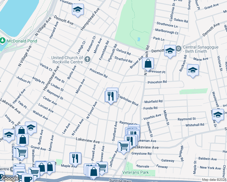 map of restaurants, bars, coffee shops, grocery stores, and more near 39 Capitolian Boulevard in Rockville Centre