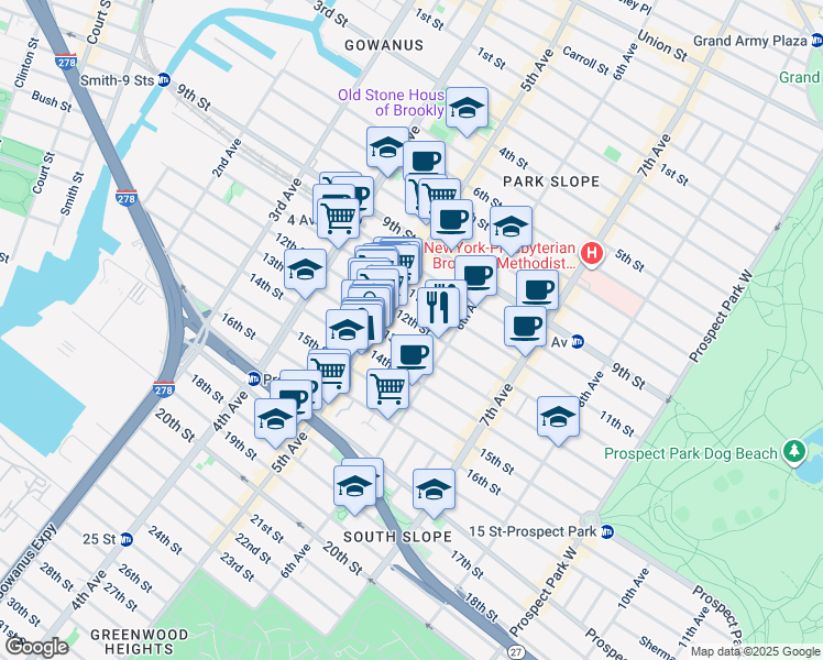 map of restaurants, bars, coffee shops, grocery stores, and more near 285 13th Street in Brooklyn