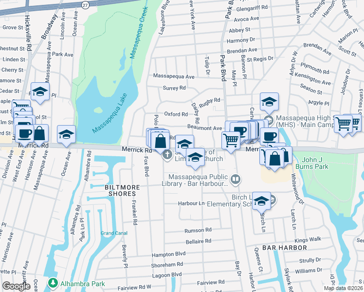 map of restaurants, bars, coffee shops, grocery stores, and more near 4711 Merrick Road in Massapequa