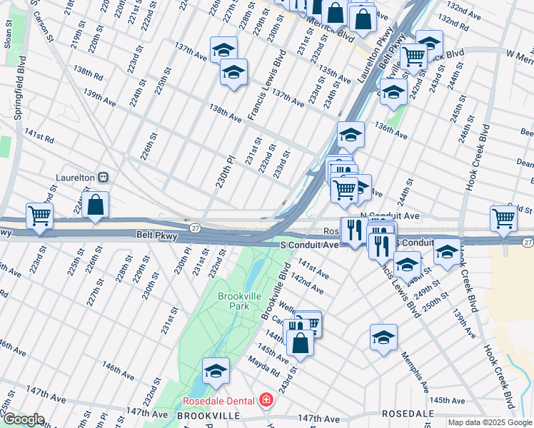 map of restaurants, bars, coffee shops, grocery stores, and more near 233-08 Mentone Avenue in Queens