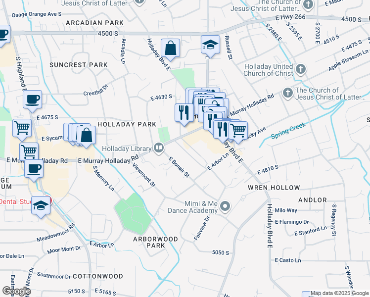 map of restaurants, bars, coffee shops, grocery stores, and more near 2220 East Murray Holladay Road in Holladay