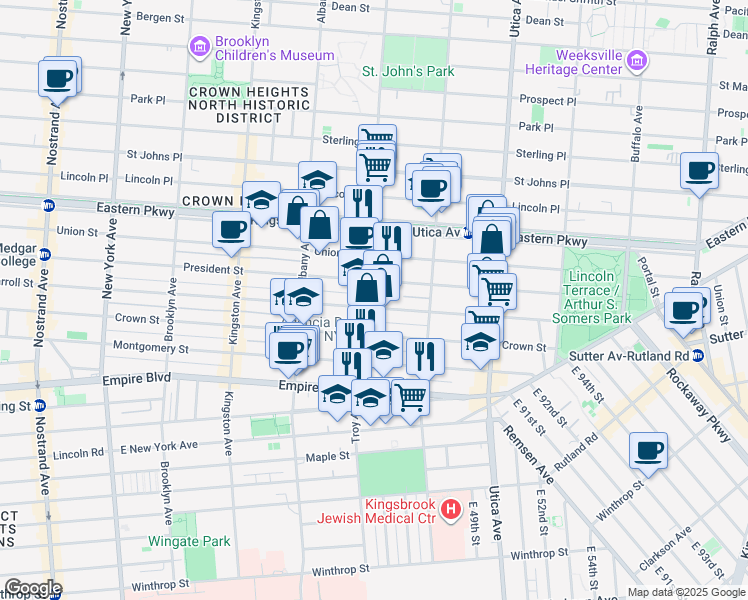 map of restaurants, bars, coffee shops, grocery stores, and more near 341 Troy Avenue in Brooklyn