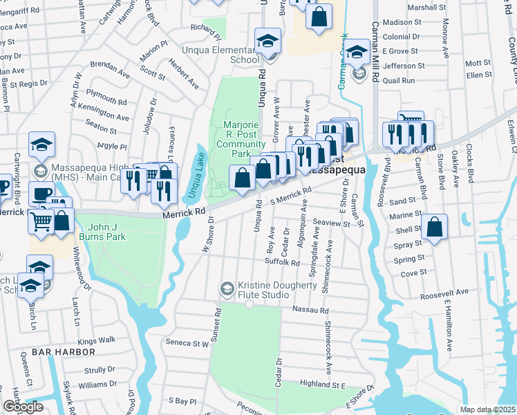 map of restaurants, bars, coffee shops, grocery stores, and more near 43 South Merrick Road in Massapequa