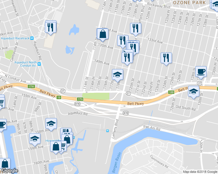map of restaurants, bars, coffee shops, grocery stores, and more near 150-20 117th Street in Queens