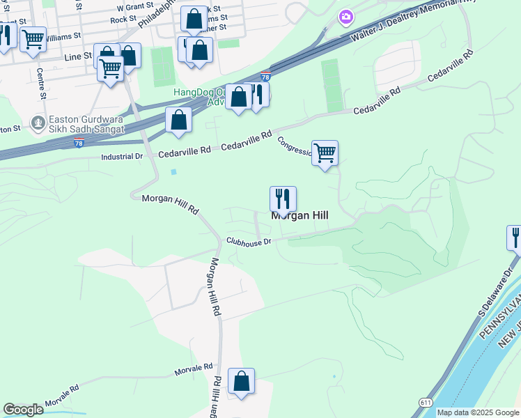 map of restaurants, bars, coffee shops, grocery stores, and more near 320 Waterford Terrace in Easton