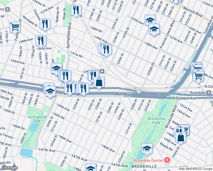 map of restaurants, bars, coffee shops, grocery stores, and more near 225-17 North Conduit Avenue in Queens