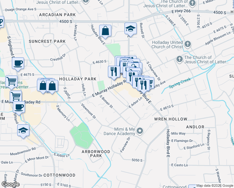 map of restaurants, bars, coffee shops, grocery stores, and more near 2220 East Murray Holladay Road in Holladay