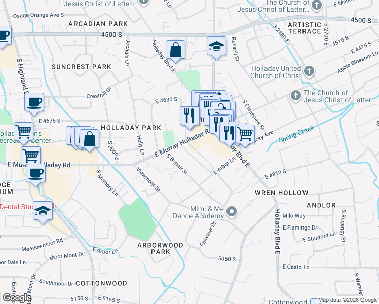 map of restaurants, bars, coffee shops, grocery stores, and more near 2220 East Murray Holladay Road in Holladay