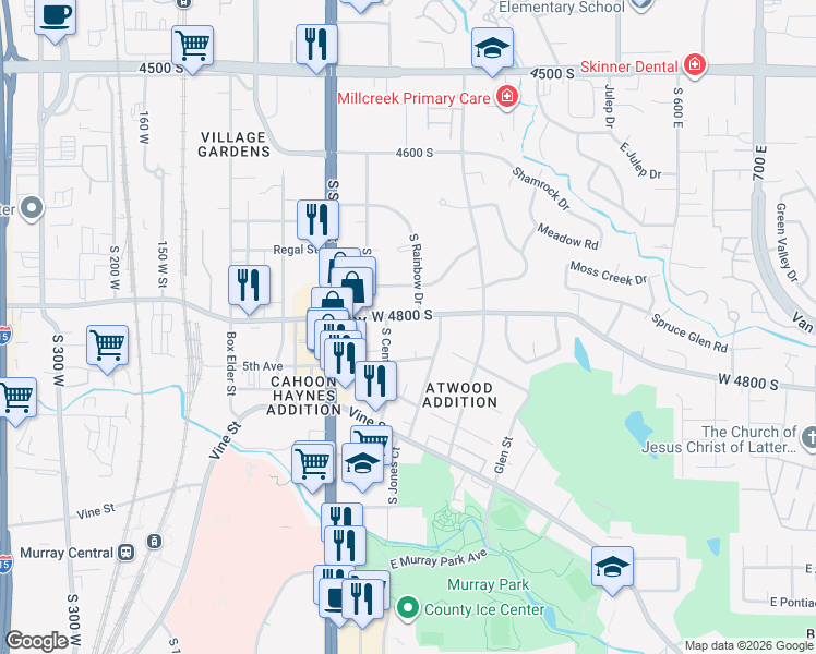 map of restaurants, bars, coffee shops, grocery stores, and more near 218 4800 South in Murray