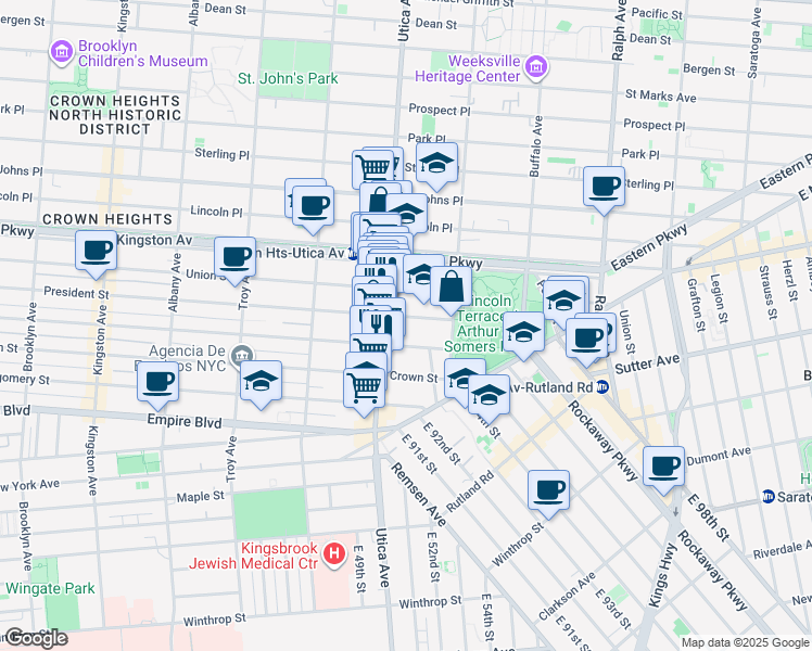 map of restaurants, bars, coffee shops, grocery stores, and more near 1710 President Street in Brooklyn