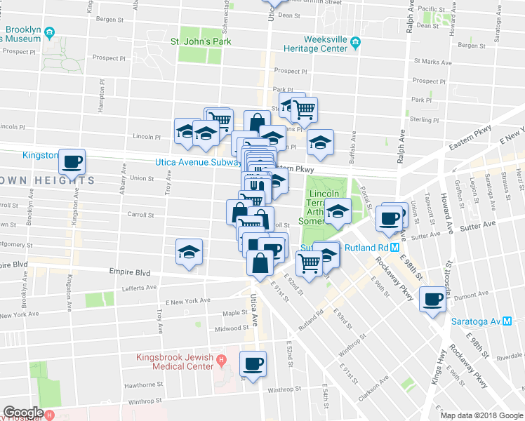 map of restaurants, bars, coffee shops, grocery stores, and more near 1710 President Street in Brooklyn