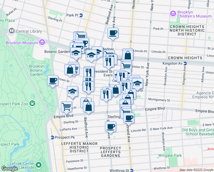 map of restaurants, bars, coffee shops, grocery stores, and more near 188 Crown Street in Brooklyn