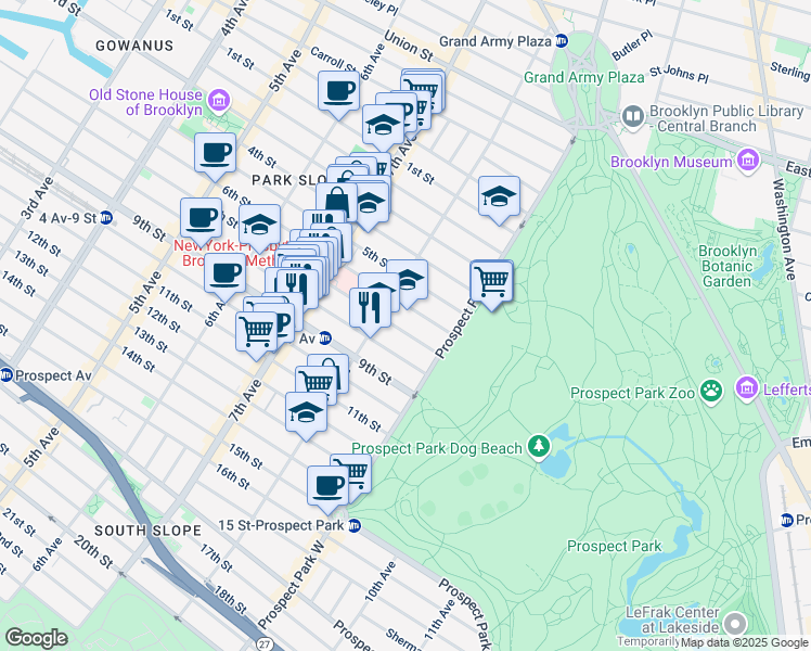 map of restaurants, bars, coffee shops, grocery stores, and more near 581 7th Street in Brooklyn