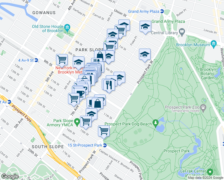 map of restaurants, bars, coffee shops, grocery stores, and more near 615 8th Avenue in Brooklyn