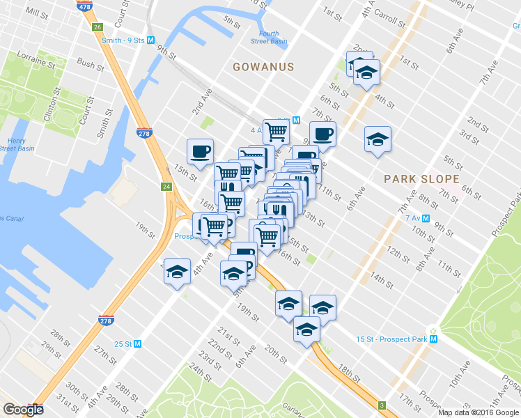 map of restaurants, bars, coffee shops, grocery stores, and more near 171 15th Street in Brooklyn