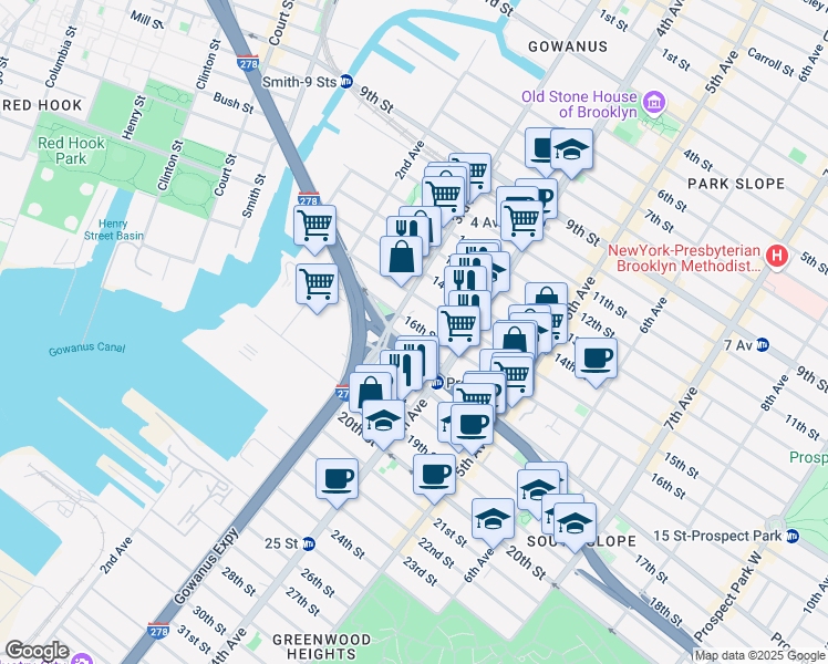 map of restaurants, bars, coffee shops, grocery stores, and more near 84 16th Street in Brooklyn