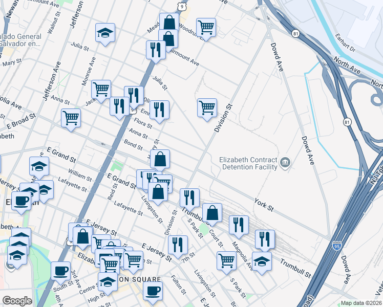 map of restaurants, bars, coffee shops, grocery stores, and more near 815 Anna Street in Elizabeth