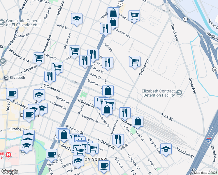 map of restaurants, bars, coffee shops, grocery stores, and more near 874 Bond Street in Elizabeth