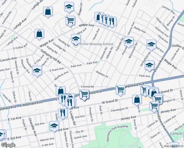 map of restaurants, bars, coffee shops, grocery stores, and more near 47-49 Highland Avenue in Elizabeth