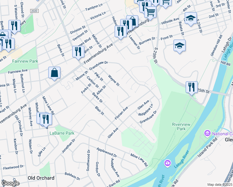 map of restaurants, bars, coffee shops, grocery stores, and more near 135 Woodside Drive in Easton