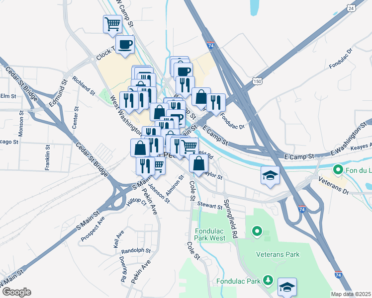 map of restaurants, bars, coffee shops, grocery stores, and more near 130 North Main Street in East Peoria