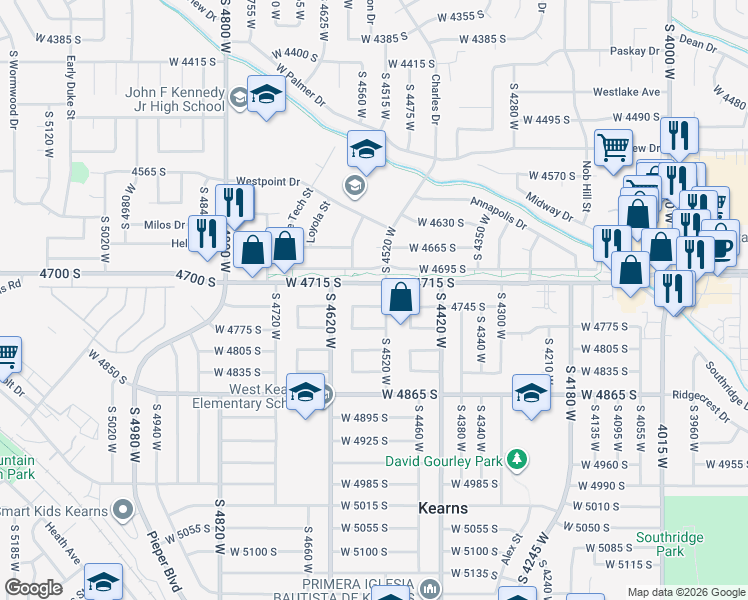 map of restaurants, bars, coffee shops, grocery stores, and more near 4544 West 4745 South in Salt Lake City