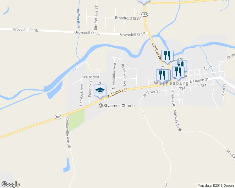 map of restaurants, bars, coffee shops, grocery stores, and more near 326 West Lisbon Street in Waynesburg