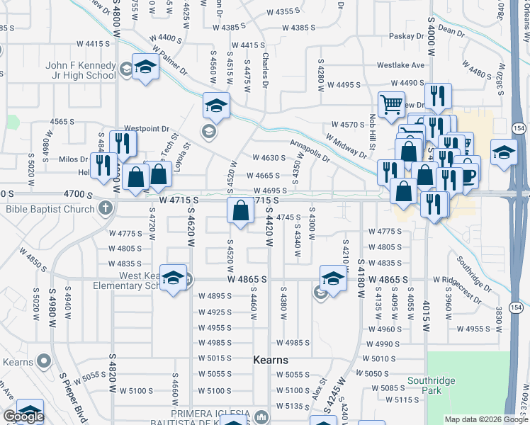 map of restaurants, bars, coffee shops, grocery stores, and more near 4736 South 4420 West in Kearns