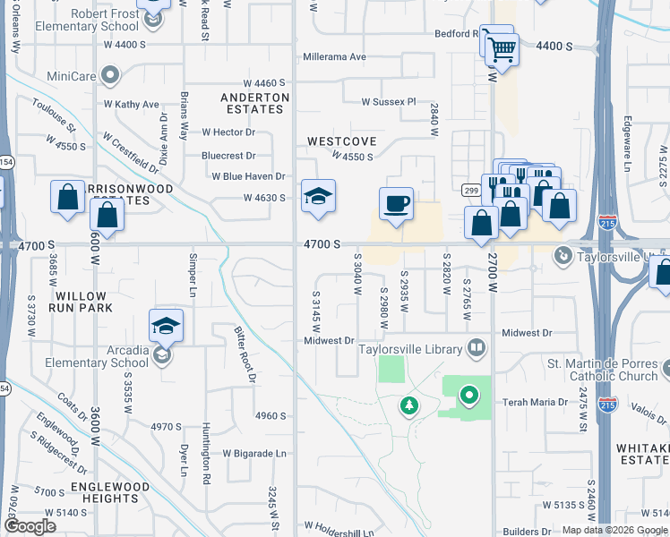 map of restaurants, bars, coffee shops, grocery stores, and more near 3110 West 4745 South in Salt Lake City