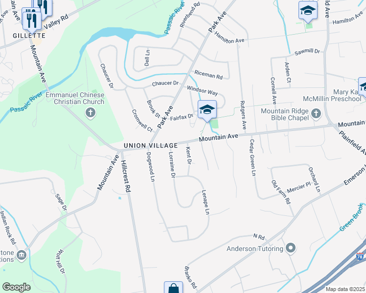 map of restaurants, bars, coffee shops, grocery stores, and more near 100 Kent Drive in Berkeley Heights