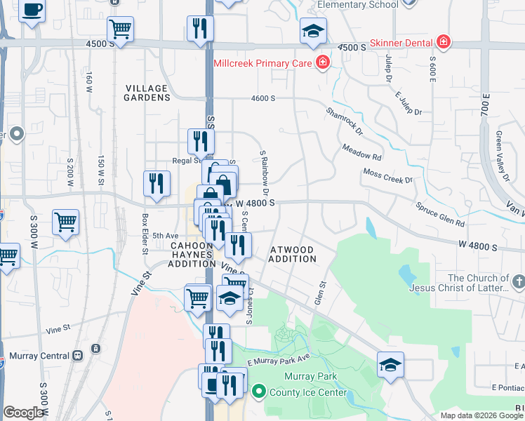map of restaurants, bars, coffee shops, grocery stores, and more near 218 4800 South in Murray