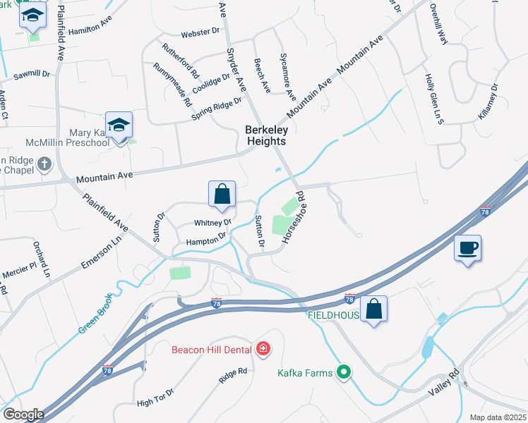 map of restaurants, bars, coffee shops, grocery stores, and more near 200 Sutton Drive in Berkeley Heights