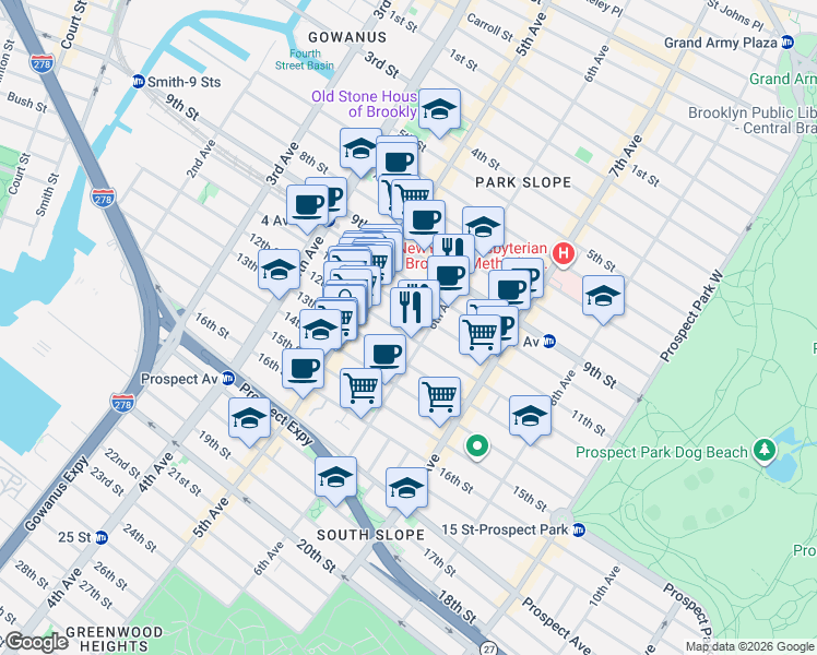map of restaurants, bars, coffee shops, grocery stores, and more near 486 6th Avenue in Brooklyn