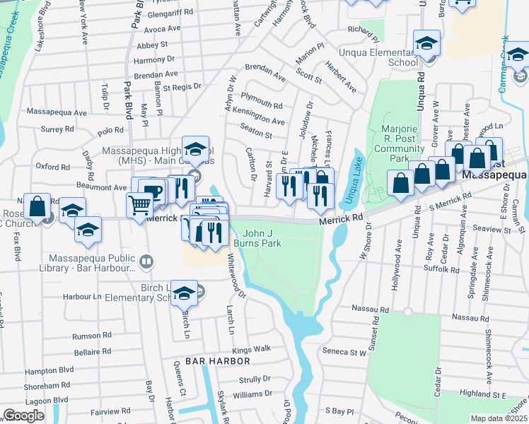 map of restaurants, bars, coffee shops, grocery stores, and more near 14 Arlyn Drive East in Massapequa