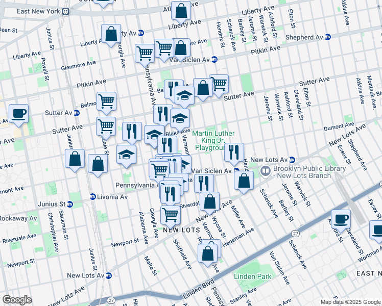 map of restaurants, bars, coffee shops, grocery stores, and more near 702 Dumont Avenue in Brooklyn