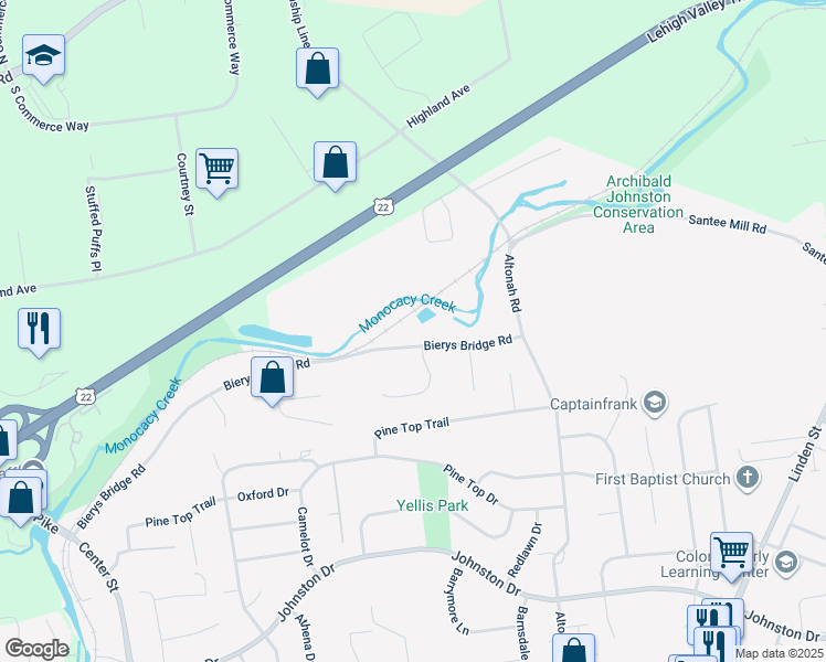 map of restaurants, bars, coffee shops, grocery stores, and more near 541 Bierys Bridge Road in Bethlehem