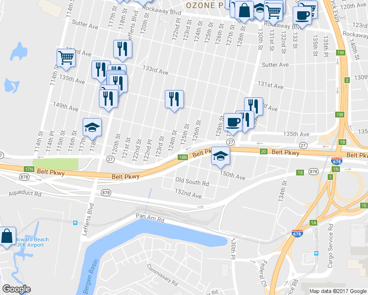 map of restaurants, bars, coffee shops, grocery stores, and more near 149-25 125th Street in Queens