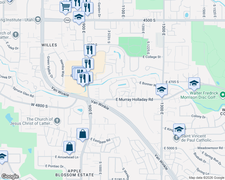 map of restaurants, bars, coffee shops, grocery stores, and more near 4747 South Pintail Court in Millcreek