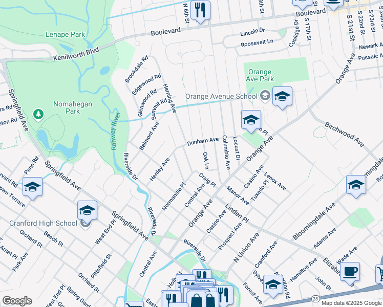map of restaurants, bars, coffee shops, grocery stores, and more near 11 Oak Lane in Cranford
