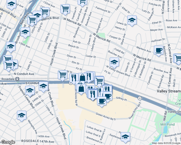 map of restaurants, bars, coffee shops, grocery stores, and more near 92 Fir Street in Valley Stream
