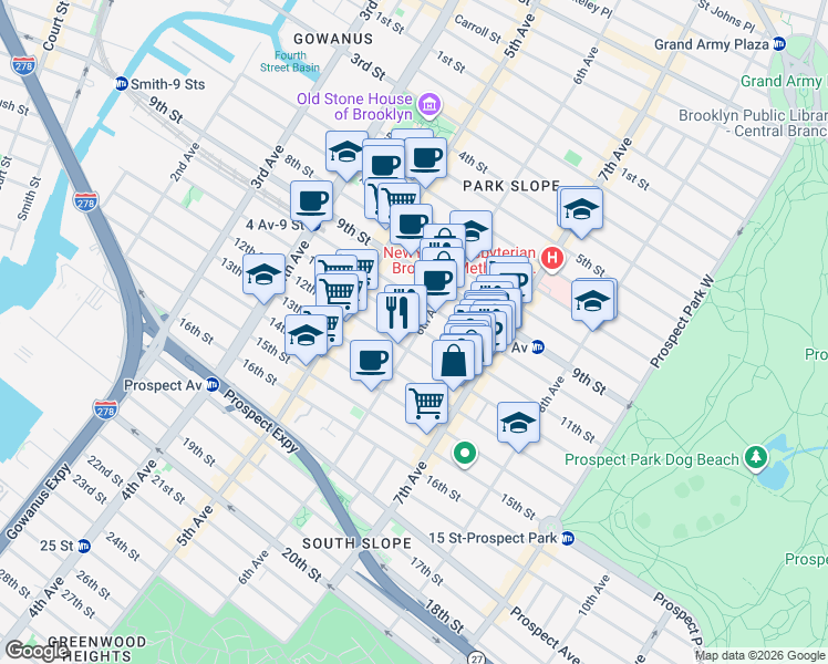 map of restaurants, bars, coffee shops, grocery stores, and more near 422 11th Street in Brooklyn