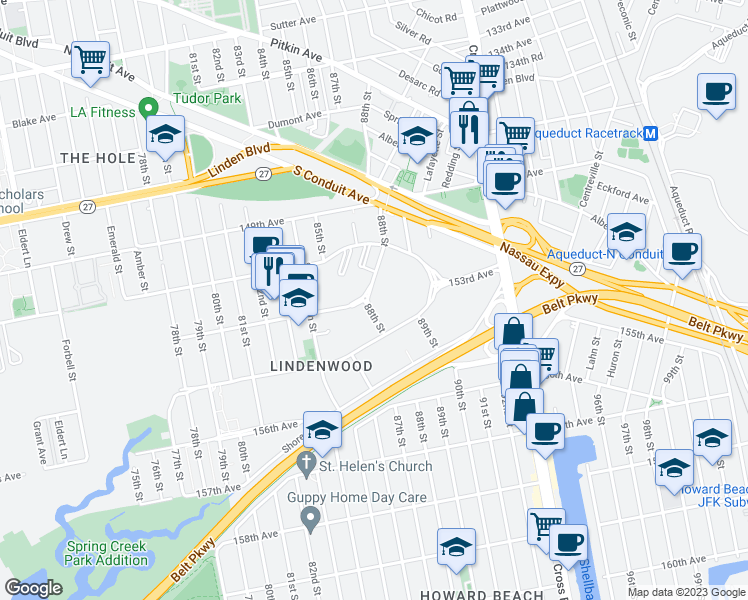map of restaurants, bars, coffee shops, grocery stores, and more near 151-31 88th Street in Queens