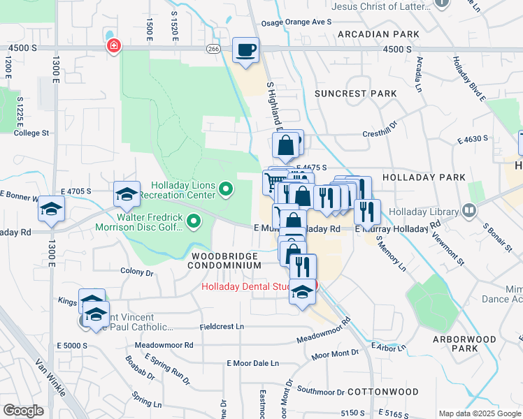 map of restaurants, bars, coffee shops, grocery stores, and more near 1717 East Murray Holladay Road in Millcreek