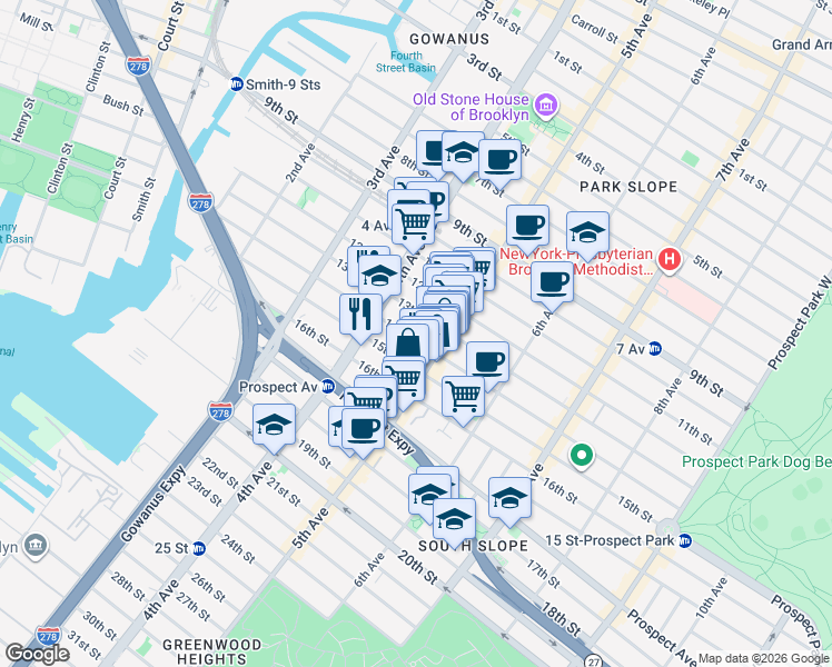 map of restaurants, bars, coffee shops, grocery stores, and more near 225 14th Street in Brooklyn