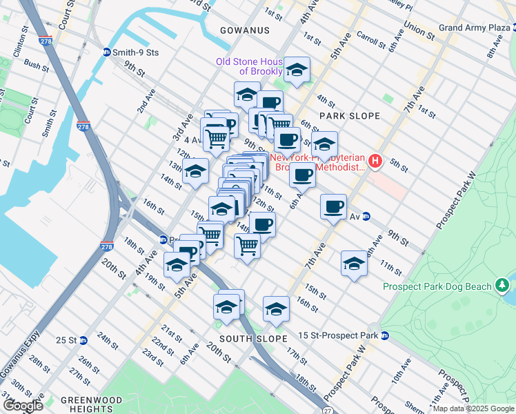 map of restaurants, bars, coffee shops, grocery stores, and more near 285 13th Street in Brooklyn