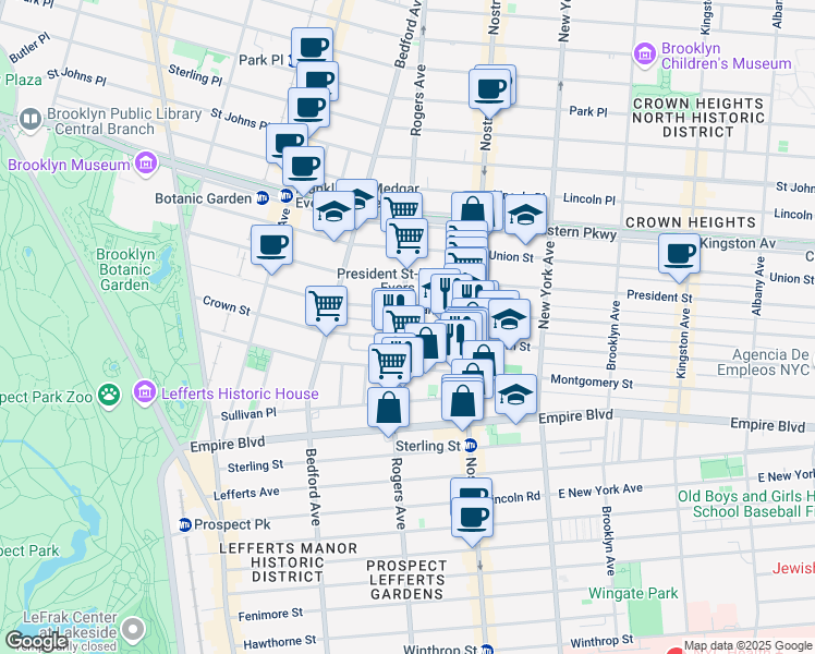 map of restaurants, bars, coffee shops, grocery stores, and more near 211 Crown Street in Brooklyn