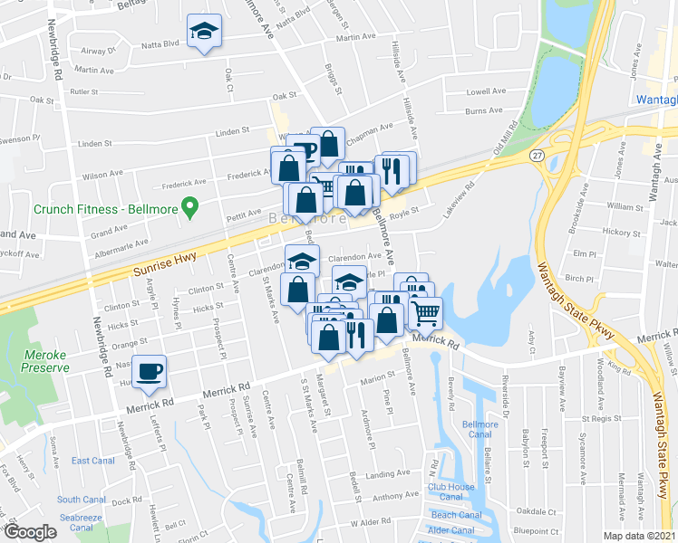 map of restaurants, bars, coffee shops, grocery stores, and more near 110 Marle Place in Bellmore