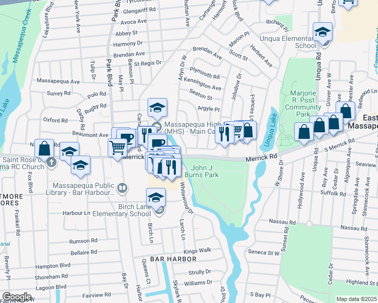 map of restaurants, bars, coffee shops, grocery stores, and more near 5015 Merrick Road in Massapequa