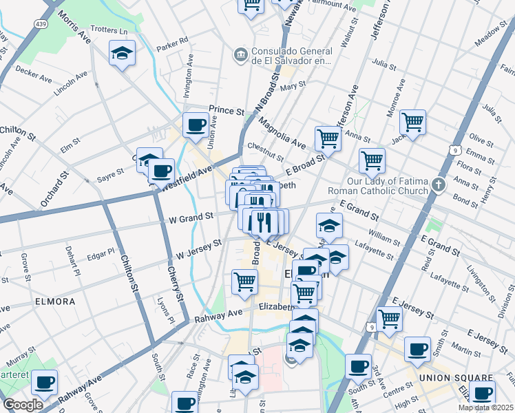 map of restaurants, bars, coffee shops, grocery stores, and more near 1201 East Grand Street in Elizabeth